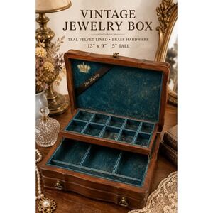 Vintage Wooden Jewelry Box Teal Velvet Lined Brass Hardware Trinket Chest